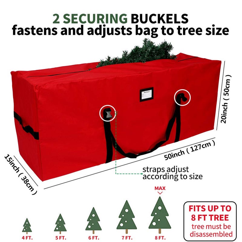OurWarm Christmas Tree Storage Bag Extra Large Heavy Duty Storage Containers for 8 Ft Artificial Tree 600D Oxford Xmas Holiday Tree Storage Bags with Reinforced Handles Zipper, Red 50" x 15" x 20" - Image 2